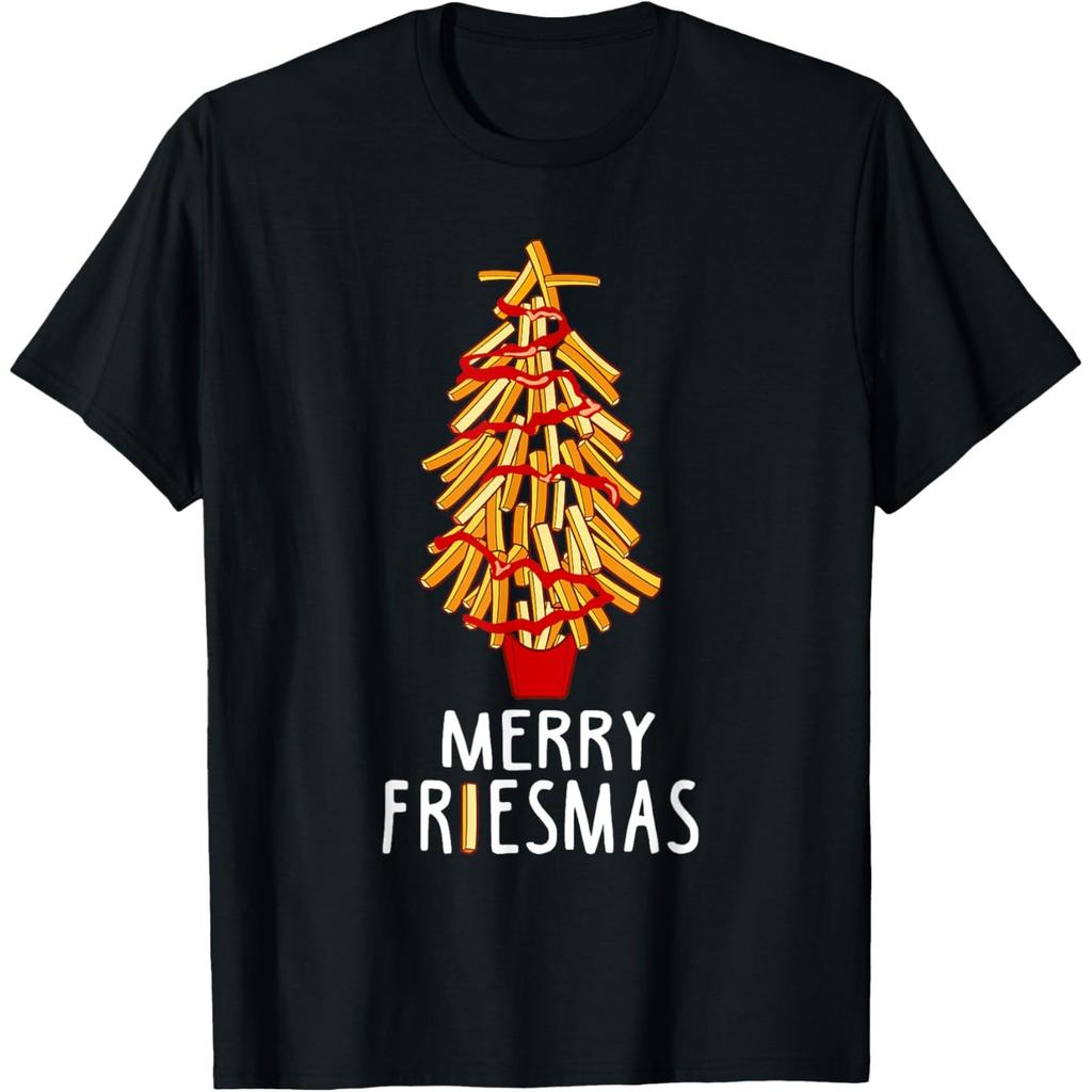 Merry Friesmas French Fries Christmas Tree Graphic T-Shirt Casual Crew Neck Tee
