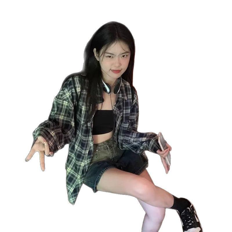 Korean Chic Yellow & Black Plaid Women's Loose Mid-Length Sun Protection Shirt