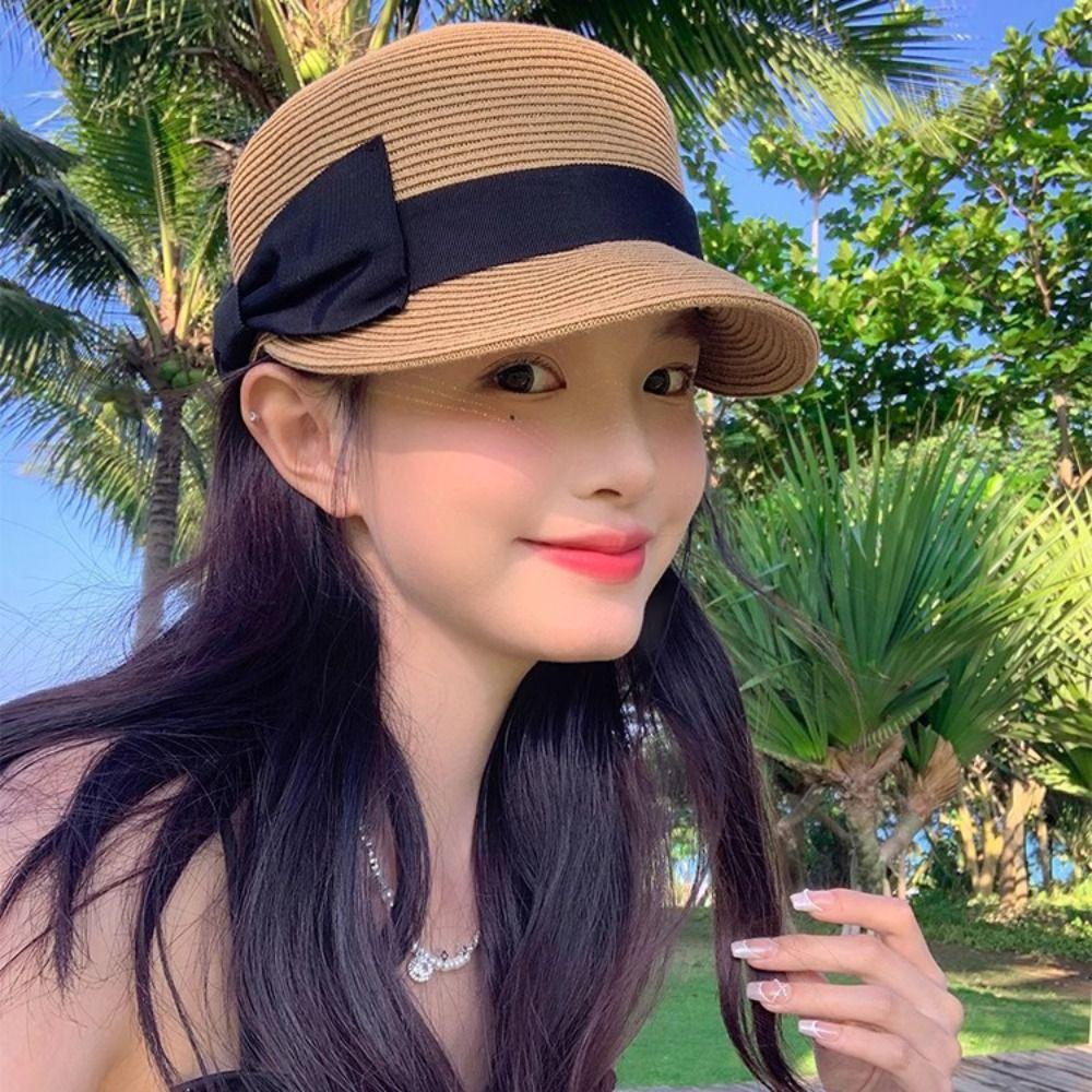 Woven Bow Straw Hat Sunshade Summer Hat Sun Cap Sunscreen Hat  Seaside Vacation