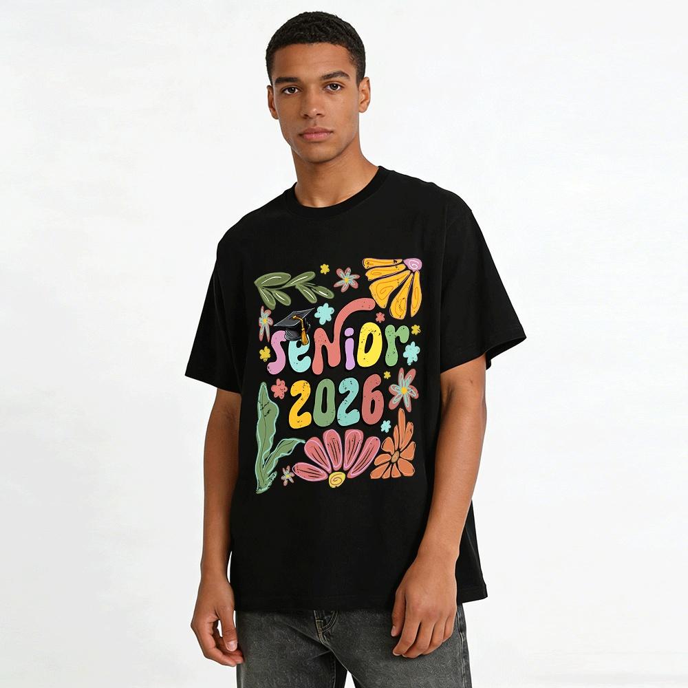 Senior 2026 Graduation Groovy Floral Print Casual Tee Pure cotton T-shirt