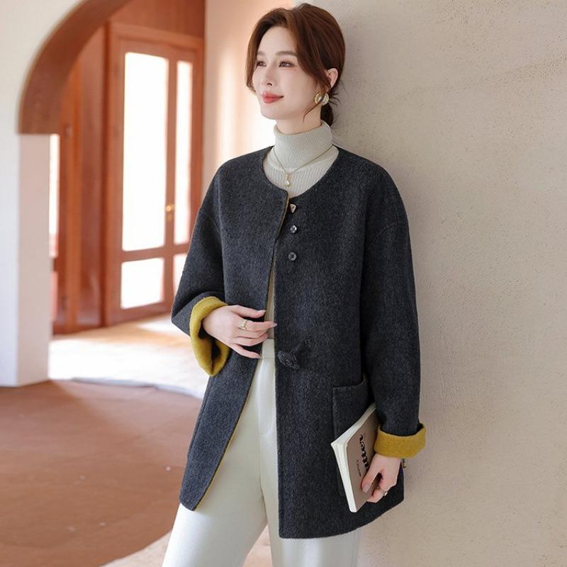 

Женское двустороннее шерстяное пальто свободного кроя с высоким вырезом лодочкой, новое тонкое пальто для женщин 5XL [recommended 150-80kg] чёрный