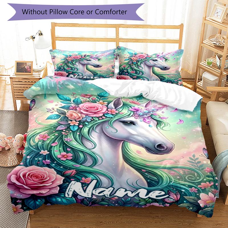3pcs Custom Name Unicorn Bedding Set Duvet Cover Closure Includes 1 Duvet Cover & 2 Pillowcases, Soft and Comfortable for All Seasons.