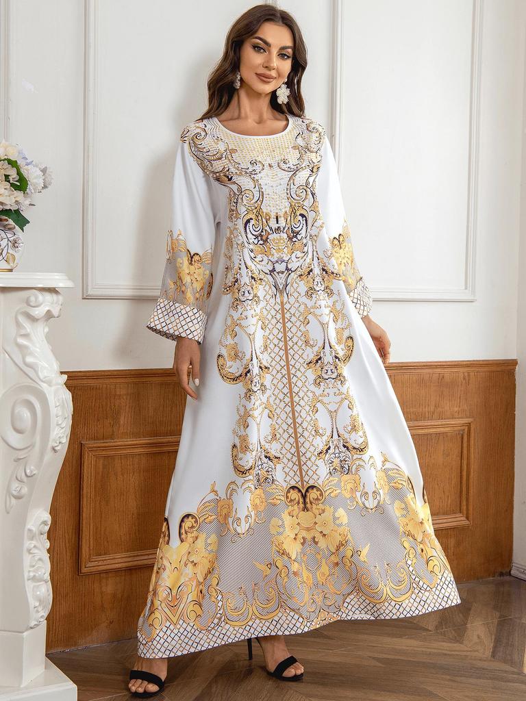 ZD025 Stylish Muslim Women's Beaded Print Robe Dress