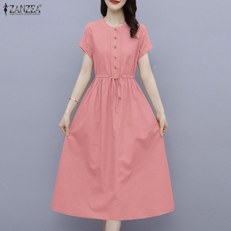 ZANZEA Women Casual Round Neck Solid Color Loose Short Sleeve Dress