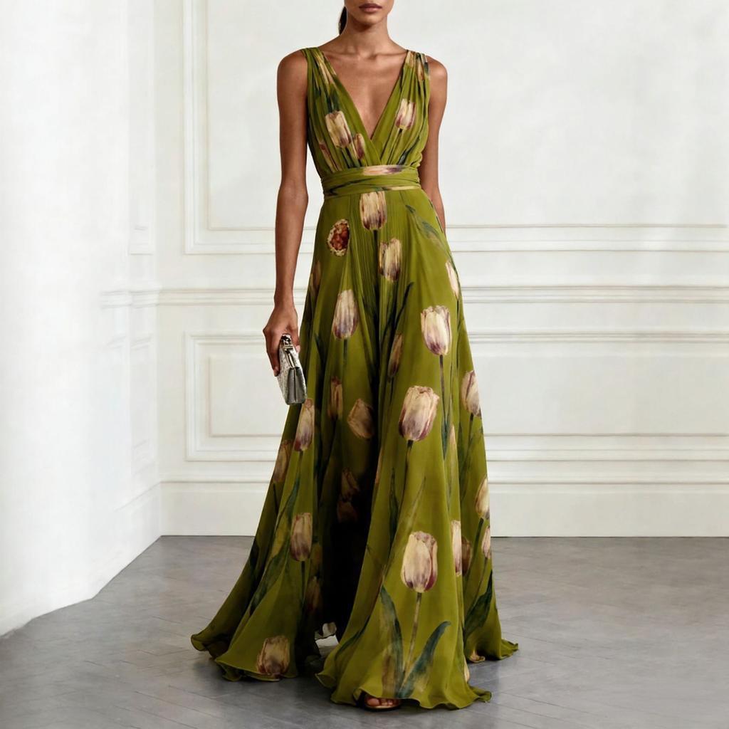 Women's Tulip Floral Print Deep V Neck Sleeveless High Waist Ruffled Hem A Line Maxi Dress Evening Party Long Gown