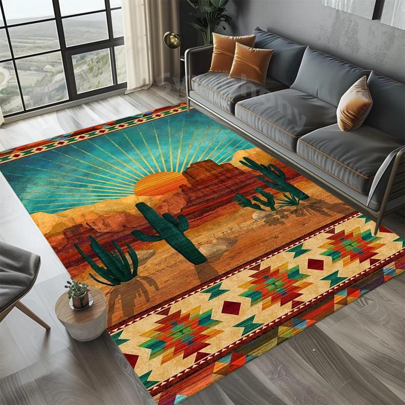 Wüstenkaktus Ethnisches Muster Rand Teppich - Boho Stil Rutschfester Boden Teppich für Wohnzimmer Freizeitbereiche