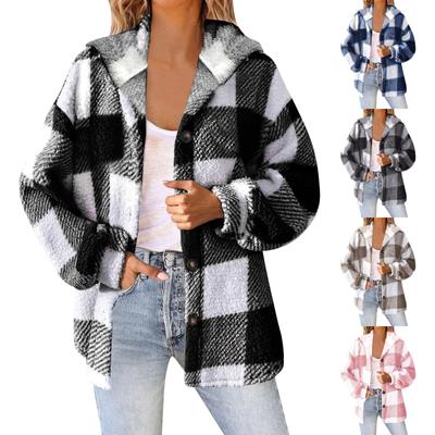 Women's Plaid Hooded Button Down Jacket Plush Coat