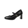 Soft Leather Block Heel Single Shoes Retro New Simple French Square Toe Shallow Mouth Strap Heels