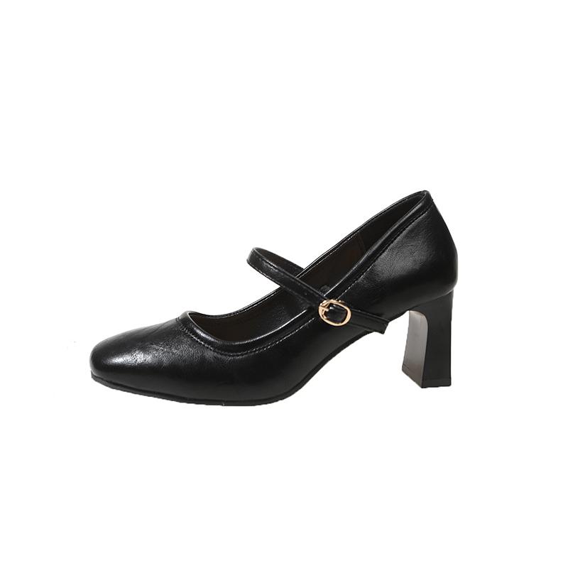 

Soft Leather Block Heel Single Shoes Retro New Simple French Square Toe Shallow Mouth Strap Heels 35 чёрный