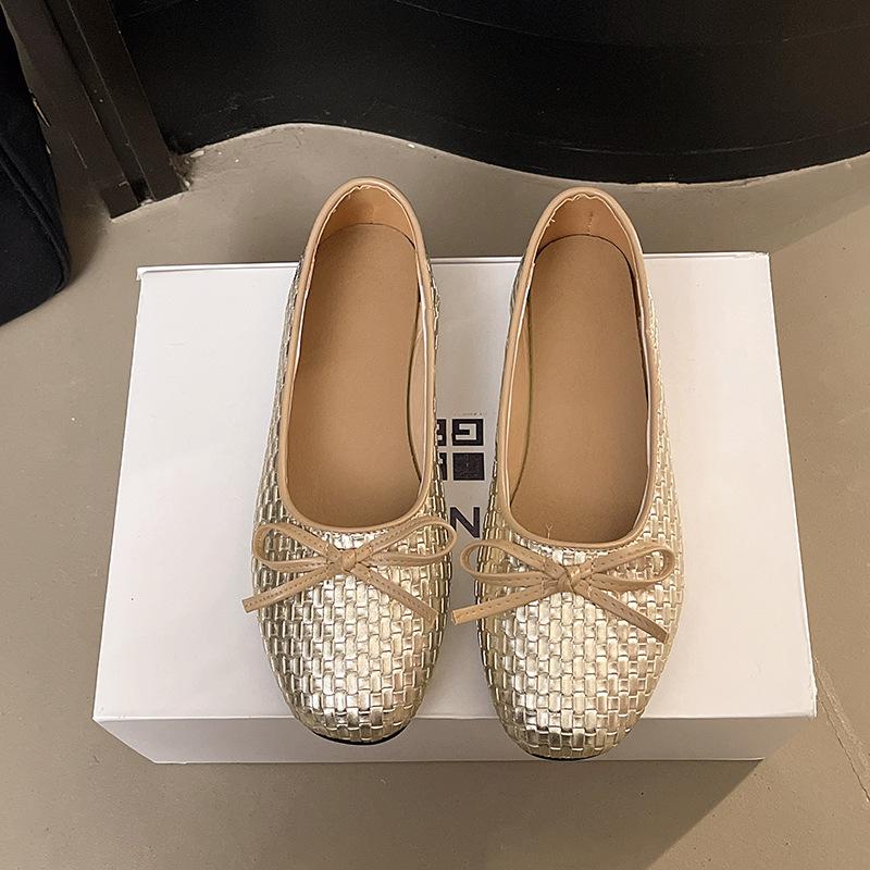French Retro Bow Woven Flat Ballet Shoes Women's 2025 New Korean Version Fashion Versatile Light Mouth Single Shoes