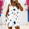 Women Plus Size Red Blue White Star Printed Sleeveless Ring Strap Scoop Neck Loose Romper With Pockets