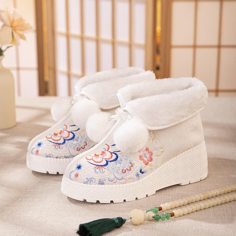 Winter Warm Snow Boots for Women Chunky Platform Non-Slip Faux Fur Lined Embroidered Ankle Booties Shoes Women's Comfortable Fuzzy Walking Short Boots