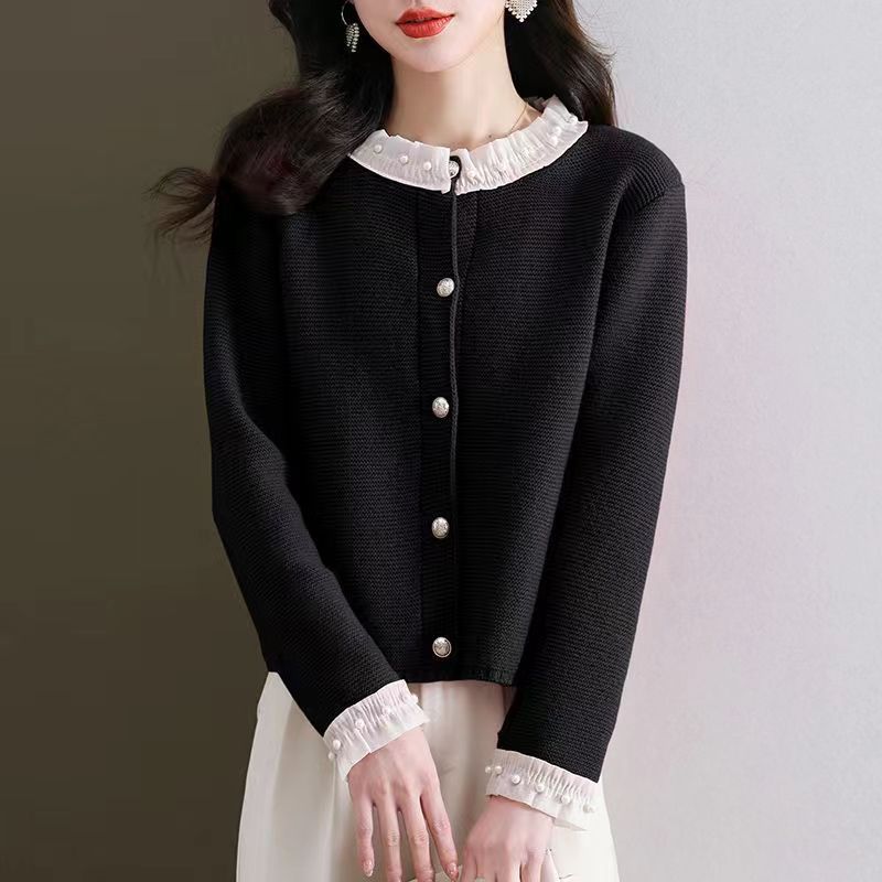 

Новый темпераментный кружевной кардиган с жемчужной пряжкой, вязаная куртка, женский топ one size fits all чёрный