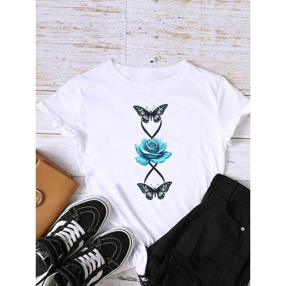 Style Flower Trend Clothing Graphic T-shirts Lady Short Sleeve T Shirt Women Print Female Fashion Clothes Casual Tee