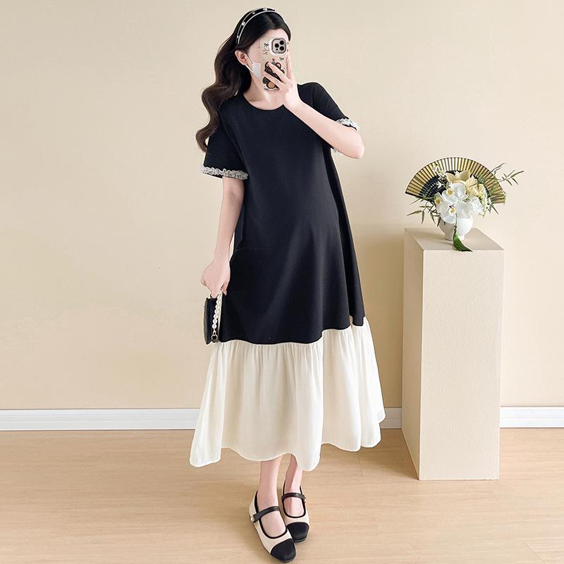 Real Shot 2026 Fashionable Patchwork Mesh Cuff Maternity Summer Plus Size Mid-length Dress 2XL