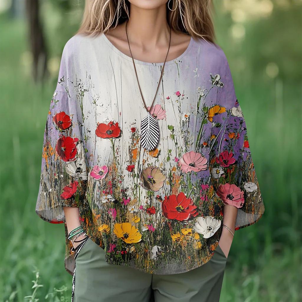 Summer Tops For Women Cute V Neck 3/4 Sleeve Blouses Floral Print Top Casual Shirts