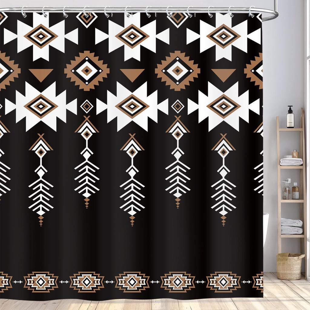 Black Western Aztec Shower Curtain, Vintage Abstract Geometric Cowboy Shower Curta Set, Boho Southwestern Tribal Native Neutral Fabric Shower Curta