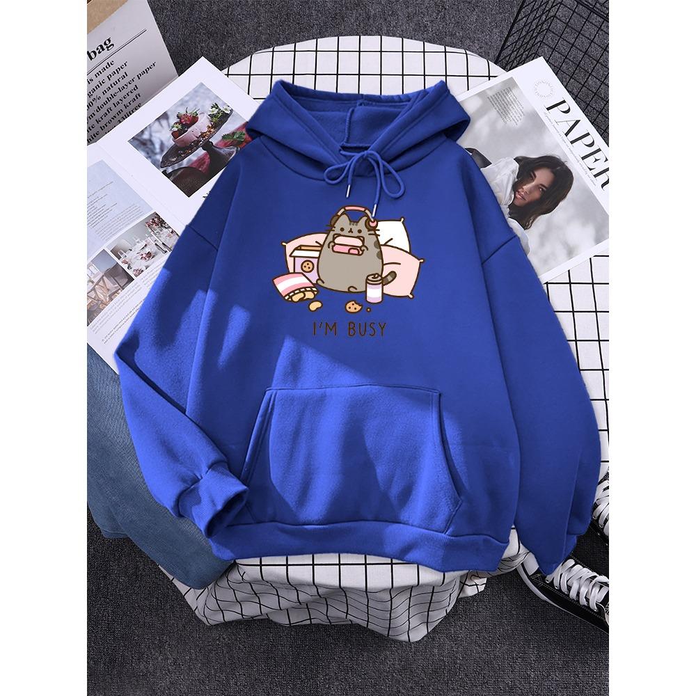 Sorry I'M Busy Cat Playing Games With Headphones Women Hoody Simple Pocket Pullovers Outdoor Soft Sweat Street Casual Female Top