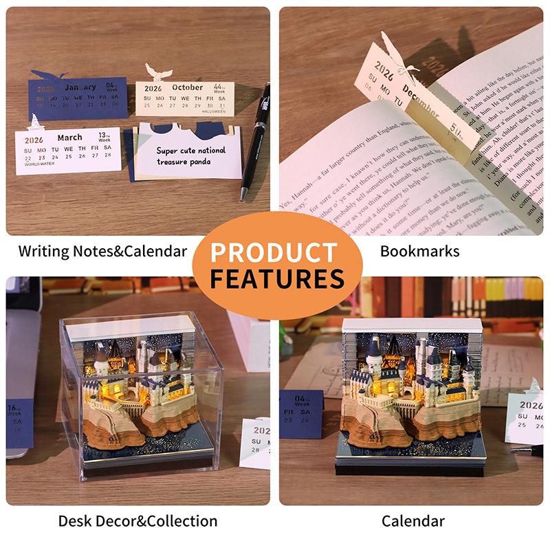 Time Piece Calendar 2026 Desk Calendar With Led Light 3D Tear-Away Calendar Paper Carving Art Memo Pad Notepad Gift Christmas