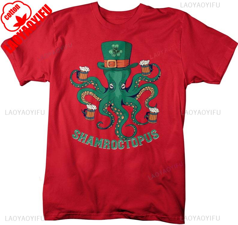 Mens Funny St Patricks Day T Shirt Octopus Tshirt Funny St Patricks Day Shirt Drinking Shirts Shamroctopus Cotton Tee Tops S