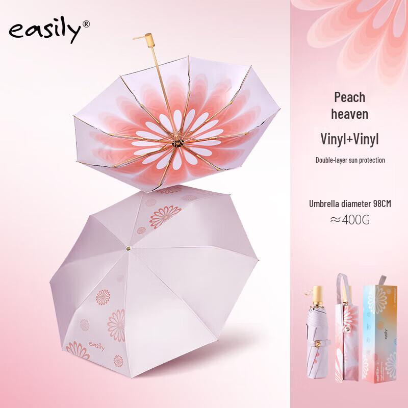 easily Tri-fold UV Protection Rain & Sun Umbrella with Wooden Handle