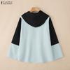 ZANZEA Damen Lässig V-Ausschnitt Locker Langarm Patchwork Kapuzenpullover Bluse