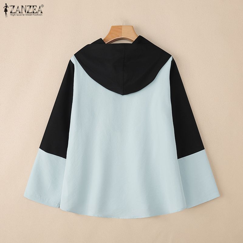 ZANZEA Damen Lässig V-Ausschnitt Locker Langarm Patchwork Kapuzenpullover Bluse