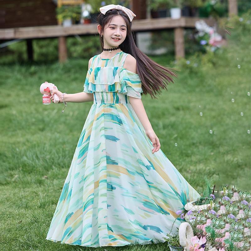 Mädchen Kinder Blumenmuster Kurzarm Chiffon Prinzessin Lang Sommerkleid