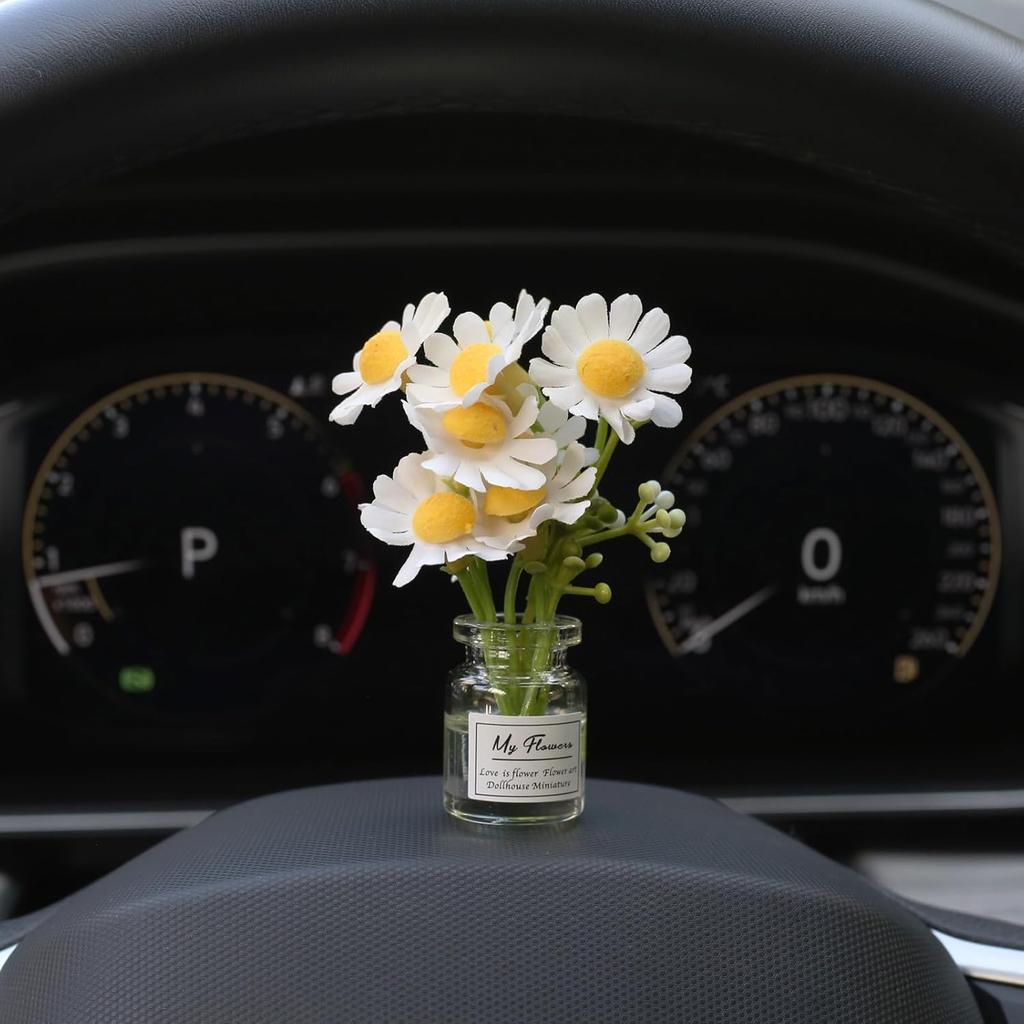 Daisy Flower Car Accessories for Women Interior Aesthetic, 3 Pcs Daisy Cute Car Dashboard Decorations