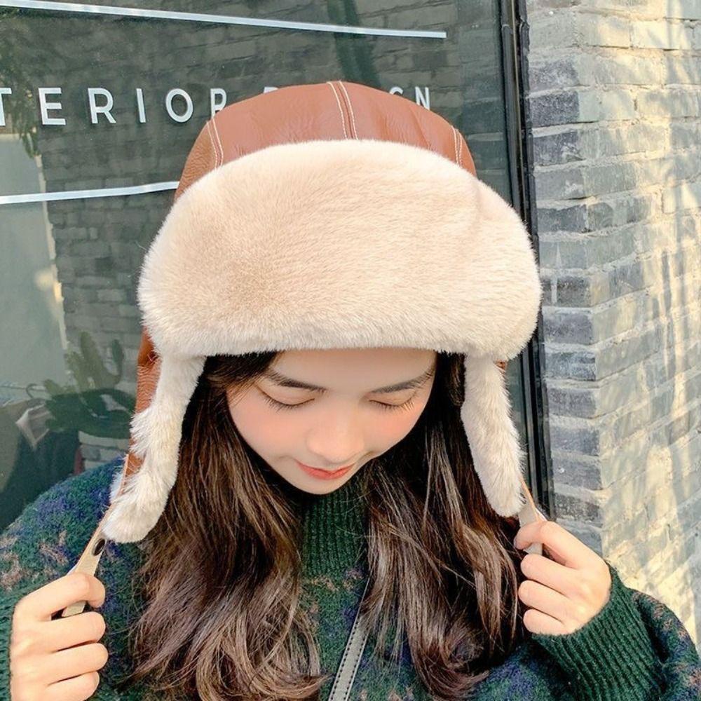 Windproof Warm Ski Hat Pu Leather Cycling Lei Feng Hat Casual Winter Pilot Hat  Skiing