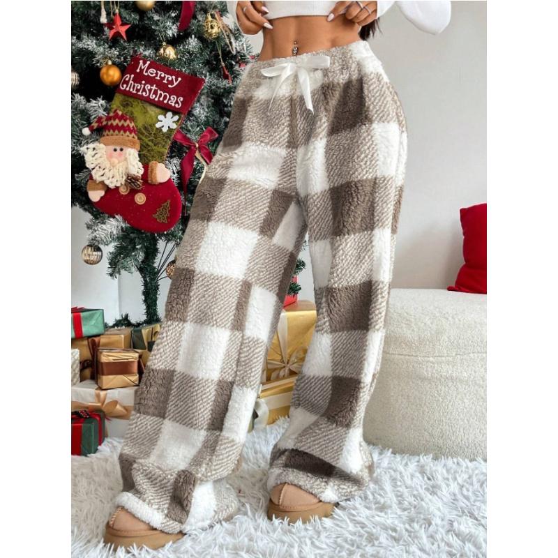 Winter Loose Casual Plaid Pants Fleece Lined Thick Warm Trousers