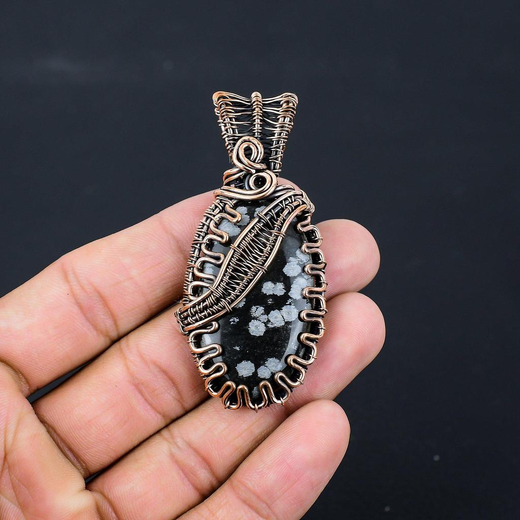 Schneeflocken-Obsidian-Edelstein, reiner Kupferdraht, umwickelt, handgefertigter Anhänger-Schmuck für Sie