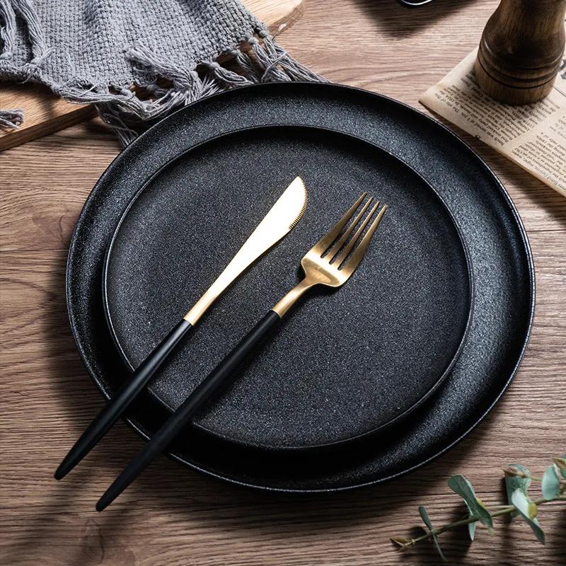 Simple Ins Wind Tableware Black Frosted Ceramic Plate Round Square Western Plate Steak Plate  Household Dinner Plates