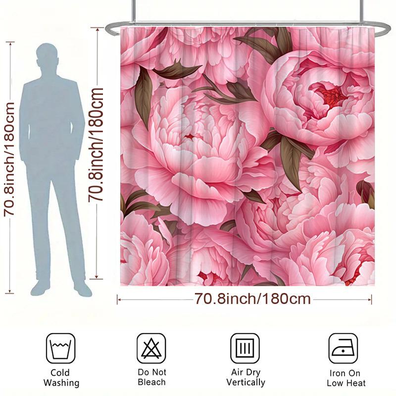 1Pc Pink Peonies Shower Curtain - Full Blooming Flowers & Dark Green Leaves, Polyester, 70.8X70.8", 12 Hooks, Elegant Decor