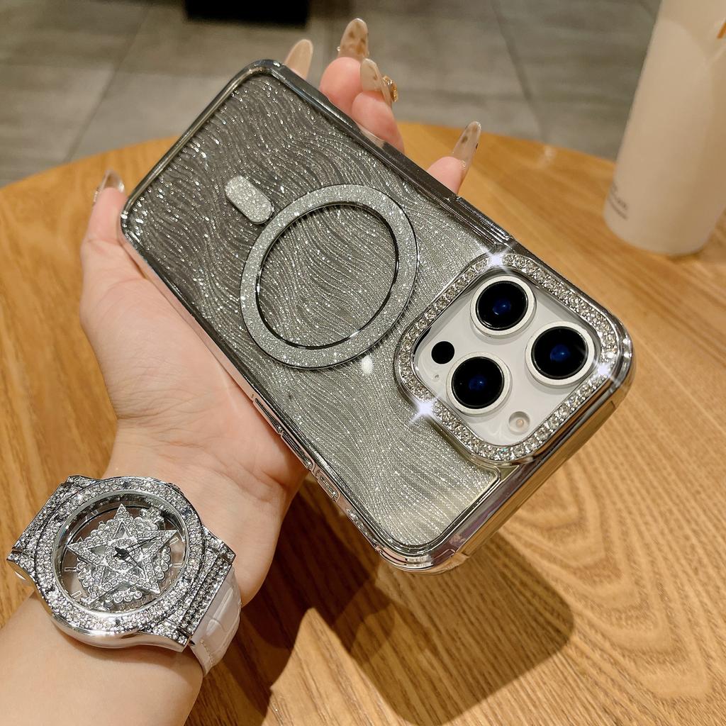 Applicable to iphone16ProMax rhinestone magnetic mobile phone case wave gradual change glitter Apple 15 anti-drop protective case