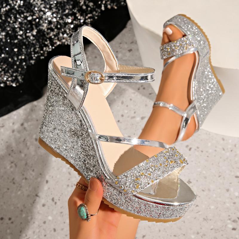 Summer  Women s Sandals Wedge Heel Sequin Decorated High Heel Sandals Height Increasing Elegant Evening Wear Platforms Shoes 36