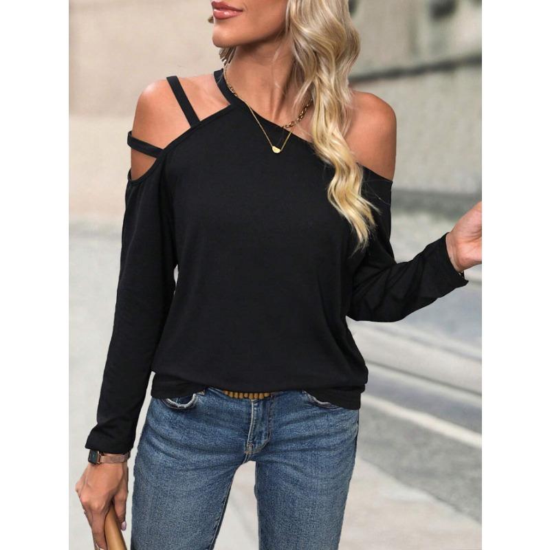 Women Simple Slant Collar Off Shoulder Long Sleeve Casual Commute T Shirt Top