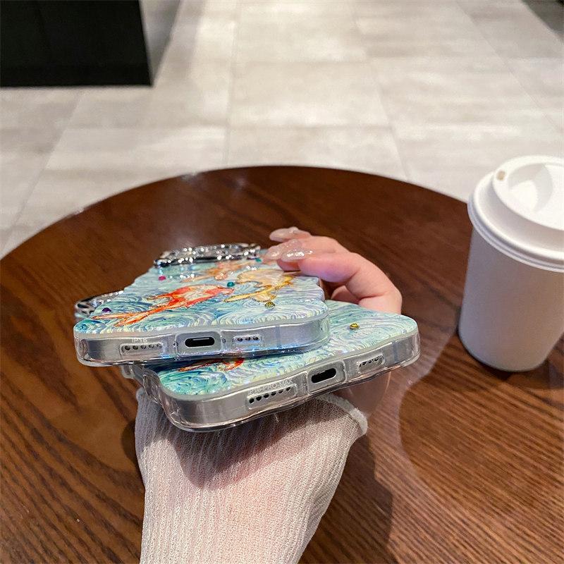 Luxury Fashion Flash Powder Lens Film Koi Diamond Phone Case for iPhone 16 Pro Max 15 14 Plus 13 12 11 Invisible Stand Full Cover Protective Cover