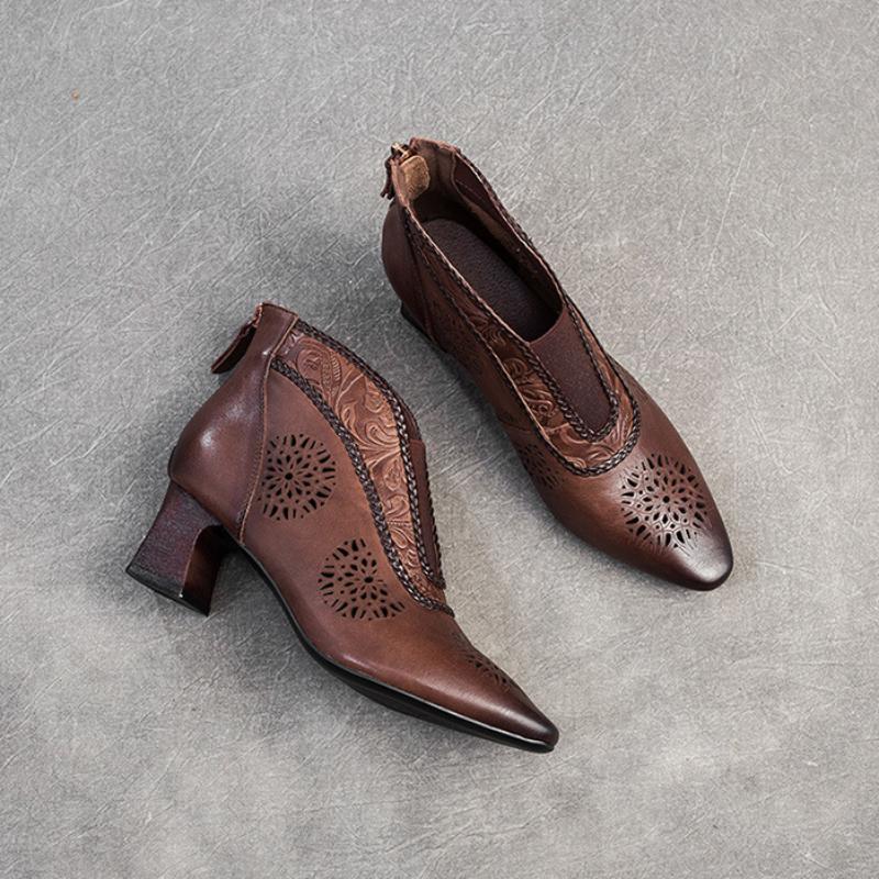 Johnature Sandals Genuine Leather Breathable Hollow-out Boots Retro Pointed High Heel Commuter Women's Shoes