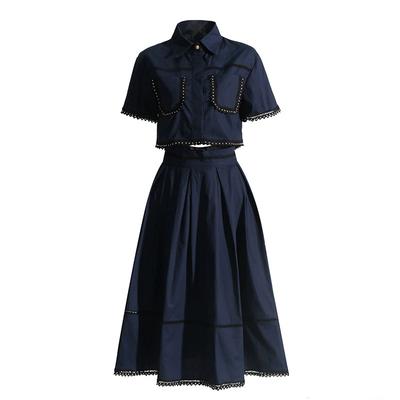 Vintage Style Two-piece Women's Spring Short Shirt, High Waist Mid Length Skirt, Embroidered Women's Set