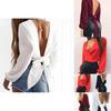 Color Women Solid Long Sleeves Backless Bandage Blouse Cross Loose Tops Bow