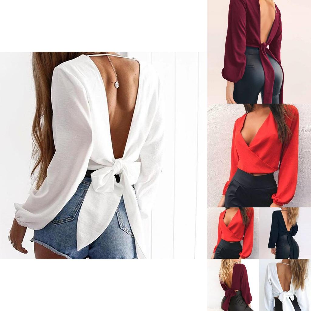 Color Women Solid Long Sleeves Backless Bandage Blouse Cross Loose Tops Bow