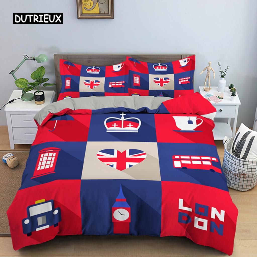 UK London Stil Königin König Bettbezug Britische Elemente Bettwäscheset für Teenager Erwachsene London Bridge Big Ben Polyester Steppdeckenbezug