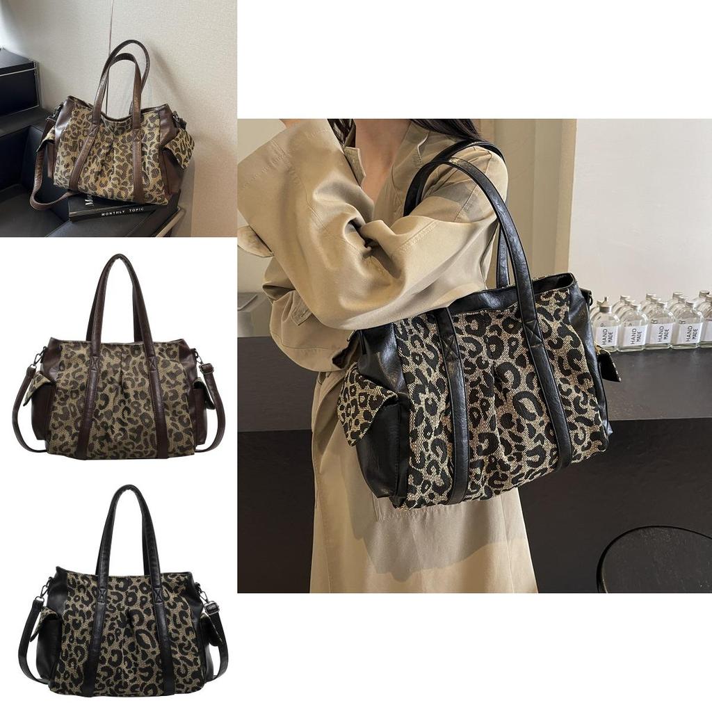 Płócienna Torba Tote z Nadrukiem Lamparta Dla Kobiet, o Dużej Pojemności i Wieloma Kieszeniami