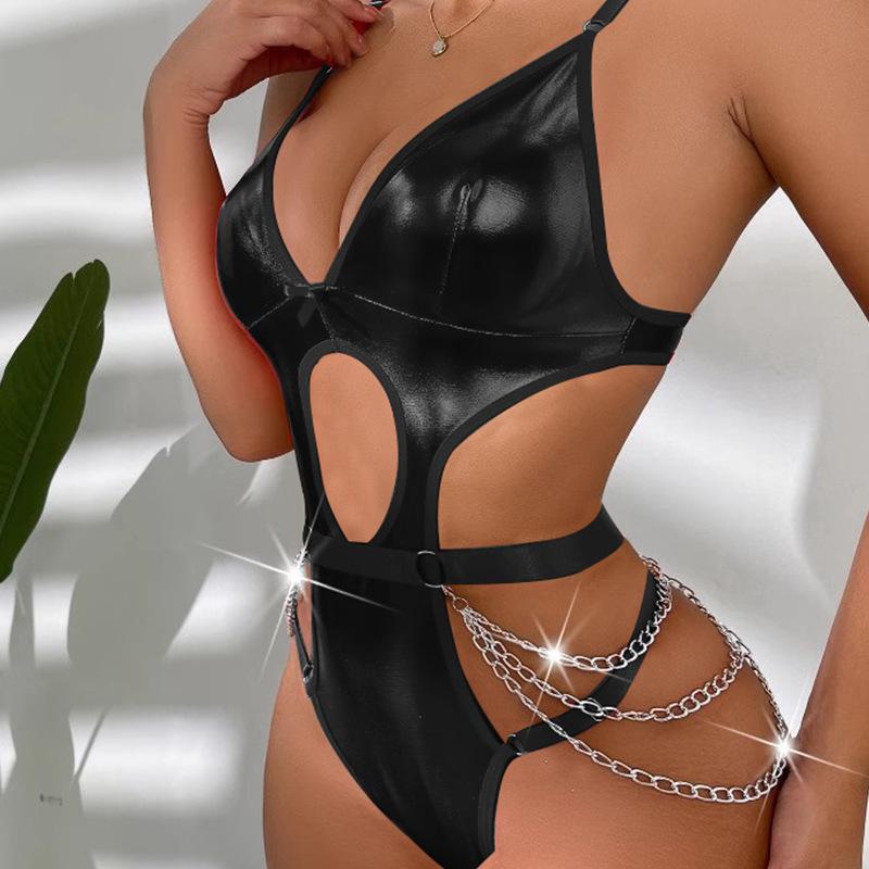 European & American Patent Leather Chain Hollow Bodysuit - Sexy Lingerie Set