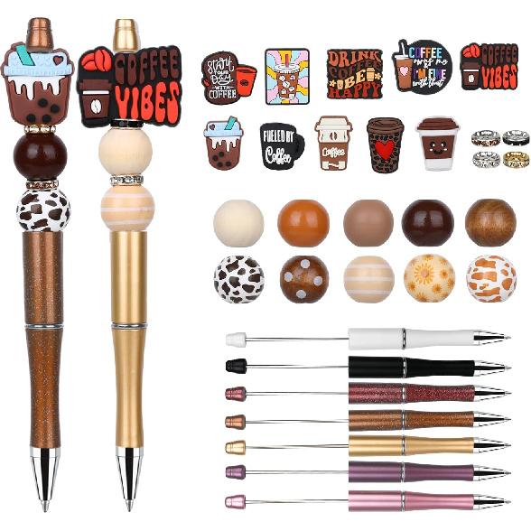 12 Pieces Beadable Pens Bulk Kit,Ballpoint Pens with Crystal Wood Round Spacer Set,Office Supplies, Office Accessories & Craft Gifts for DIY Pen Coffee Brown