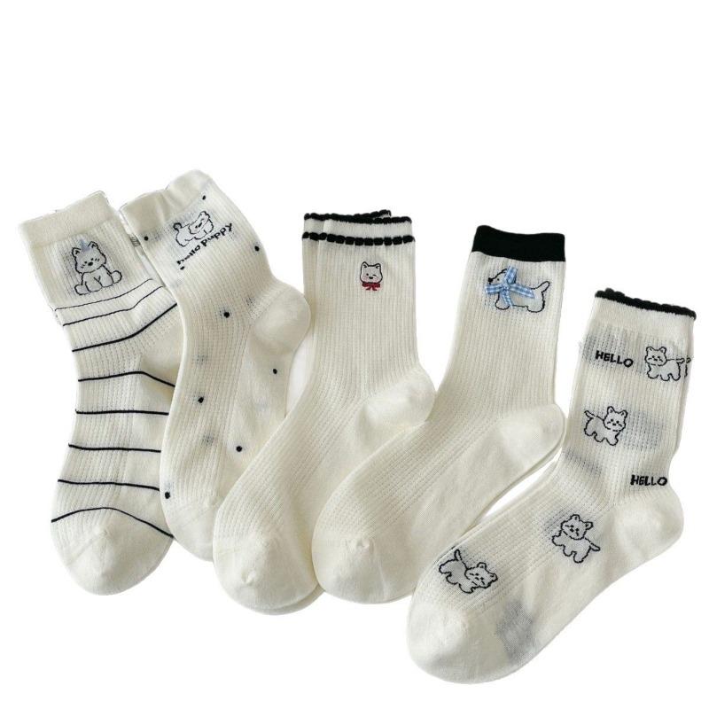 Cartoon Socks, Women's Mid-calf Socks, Trendy Early Autumn, Cute School Style, Bow, Puppy, Striped Long Socks