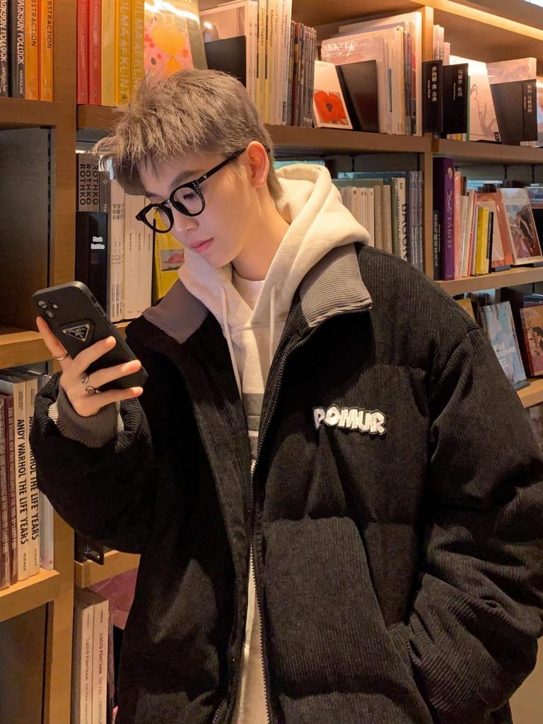 Men's Coffee Brown Corduroy Cotton Jacket - Retro Loose Fit, Stand Collar Winter Outerwear