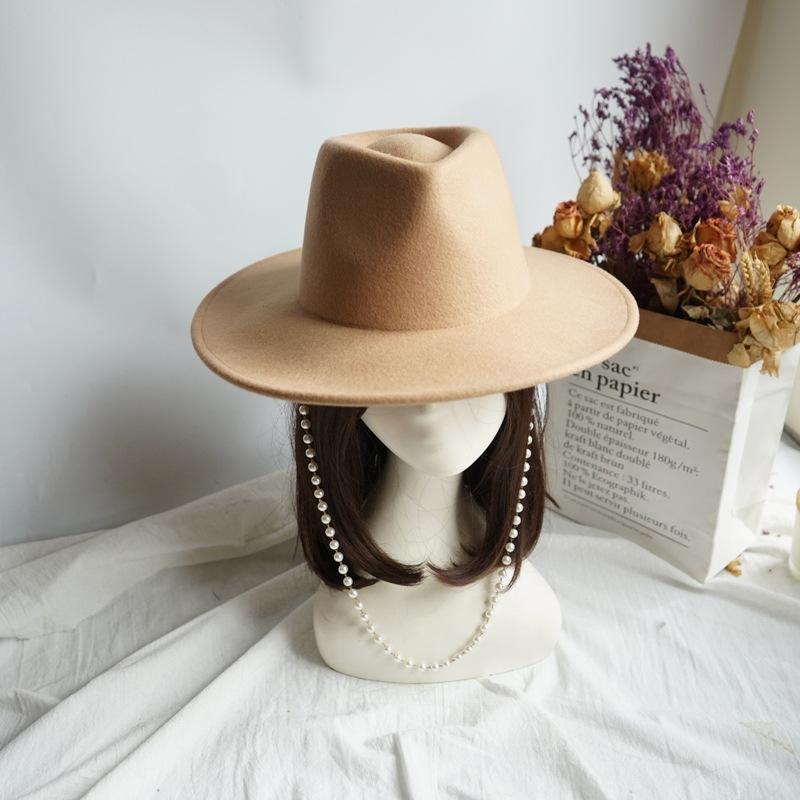 Internet Celebrity With Pearl Chain Celebrity British Retro Black Wool Big Wide Brim Jazz Top Hat Female Autumn And Winter