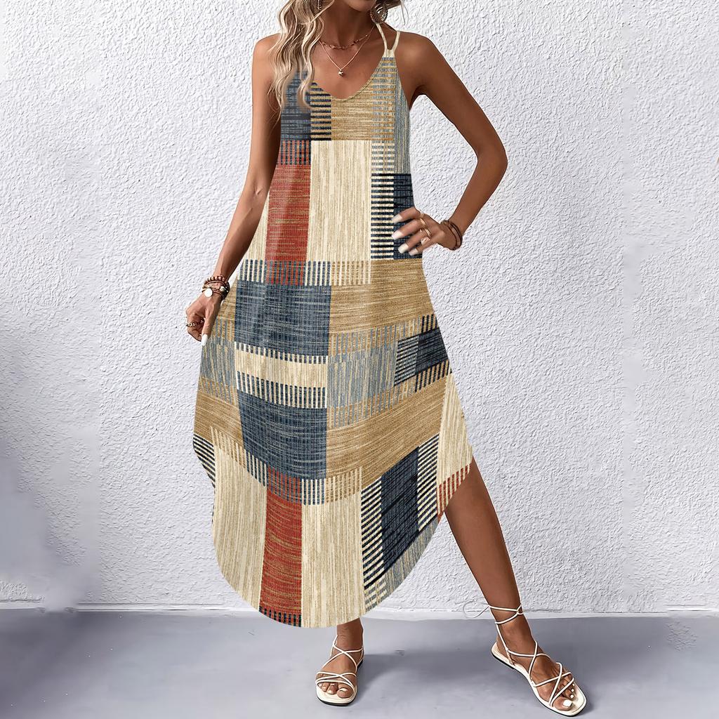 Women's Fashion Casual V-neck Sleeveless  Dresses Print Dresses Beach Long Dresses